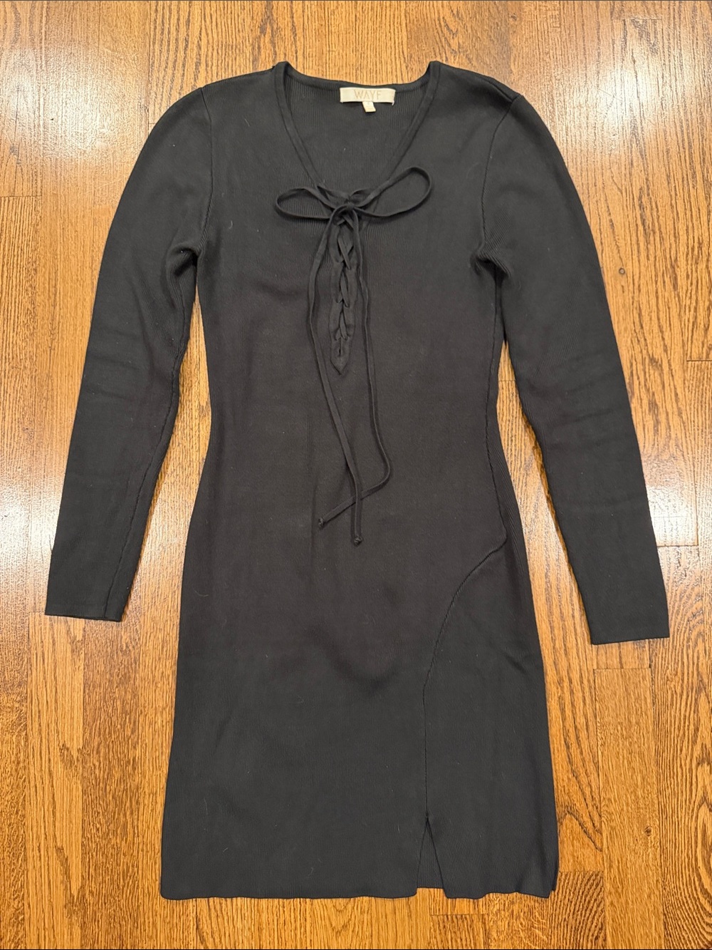 Wayf Black Lace-Up Long Sleeve bodycon mini Knit Dress with Front Tie size small